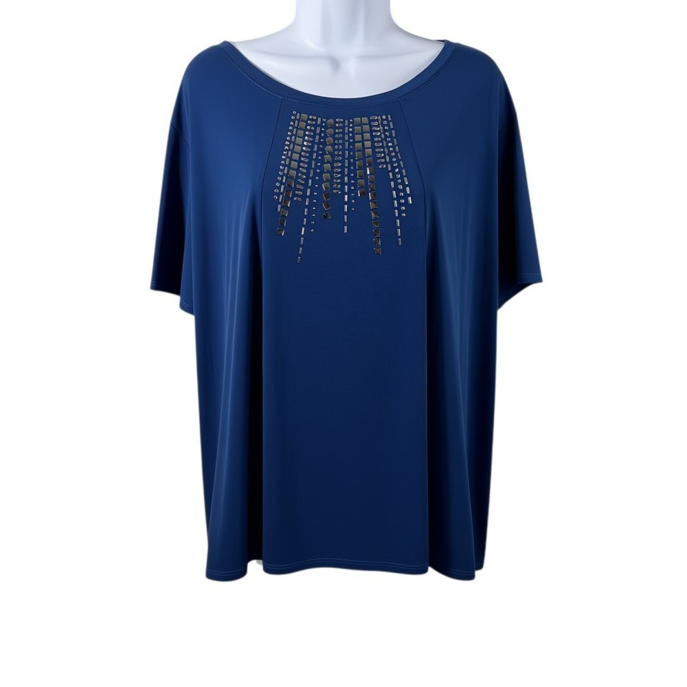 Susan Graver Liquid Knit Teal Round Neck Top with Silver Studs SS Size XL